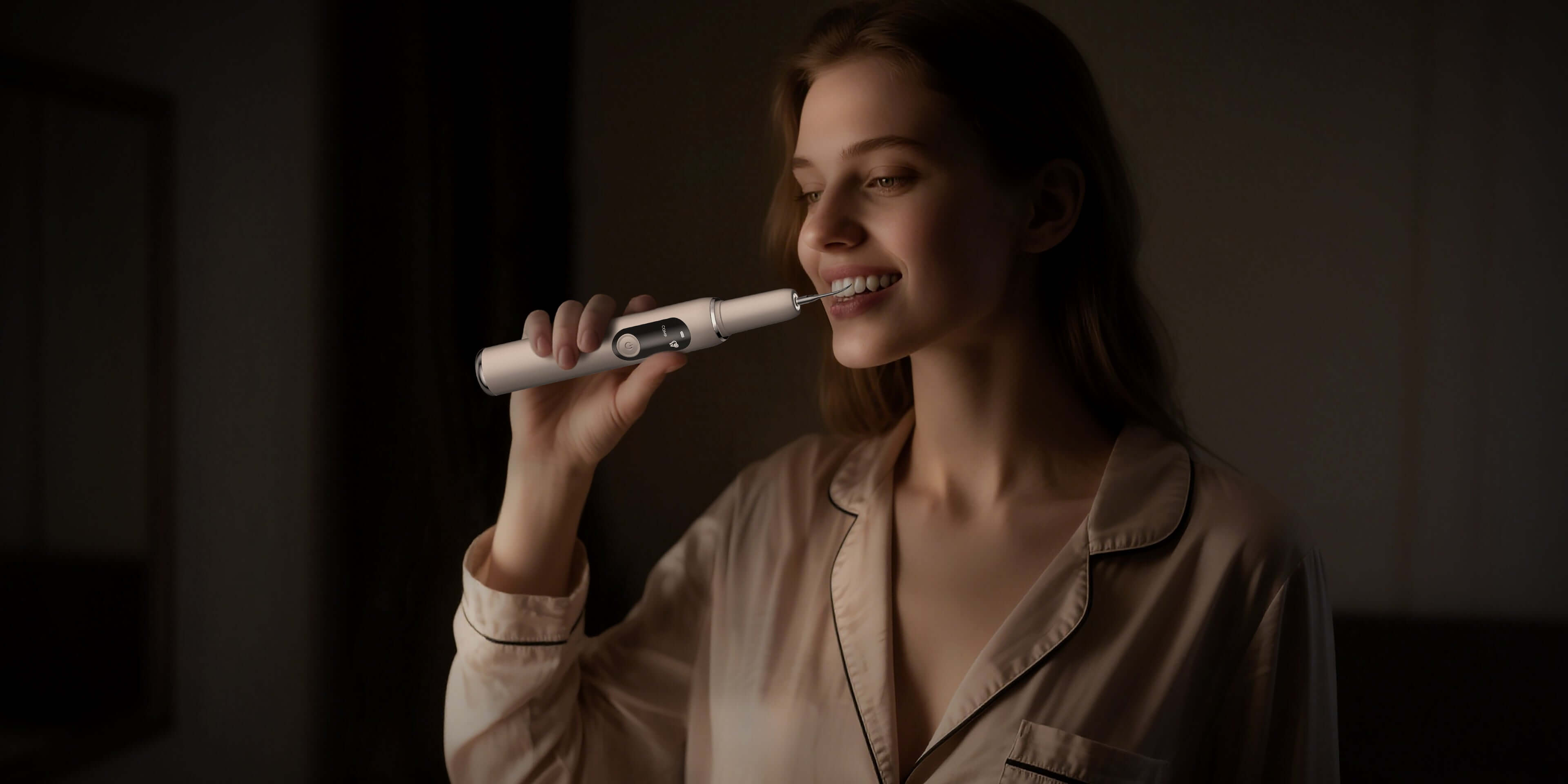 Happy woman having a positive brushing experience with her sonic electric toothbrush at home