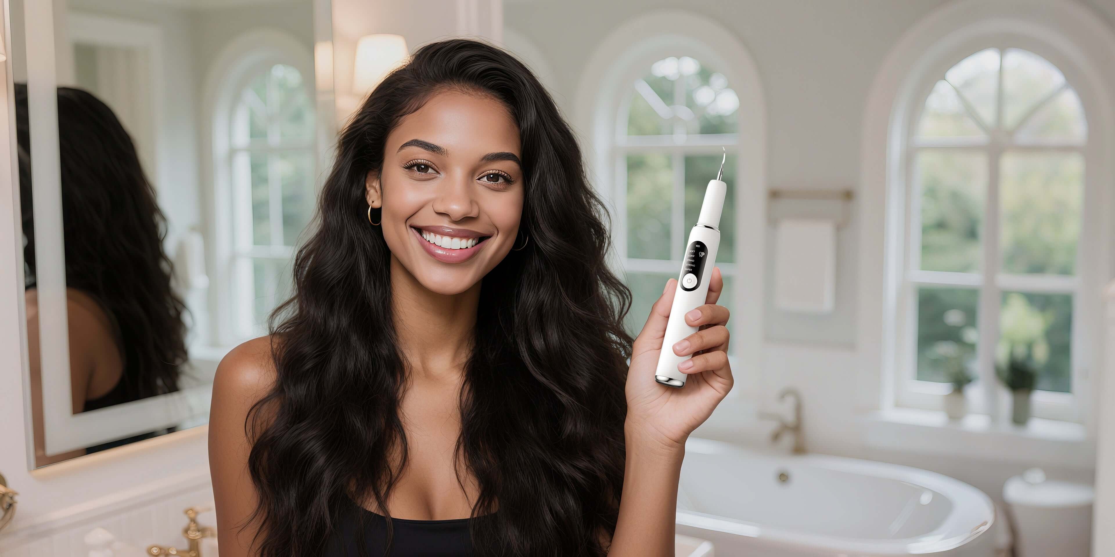 A smiling woman holds an ultrasonic teeth cleaner in a modern bathroom, reflecting healthy, confident living through advanced oral care technology.