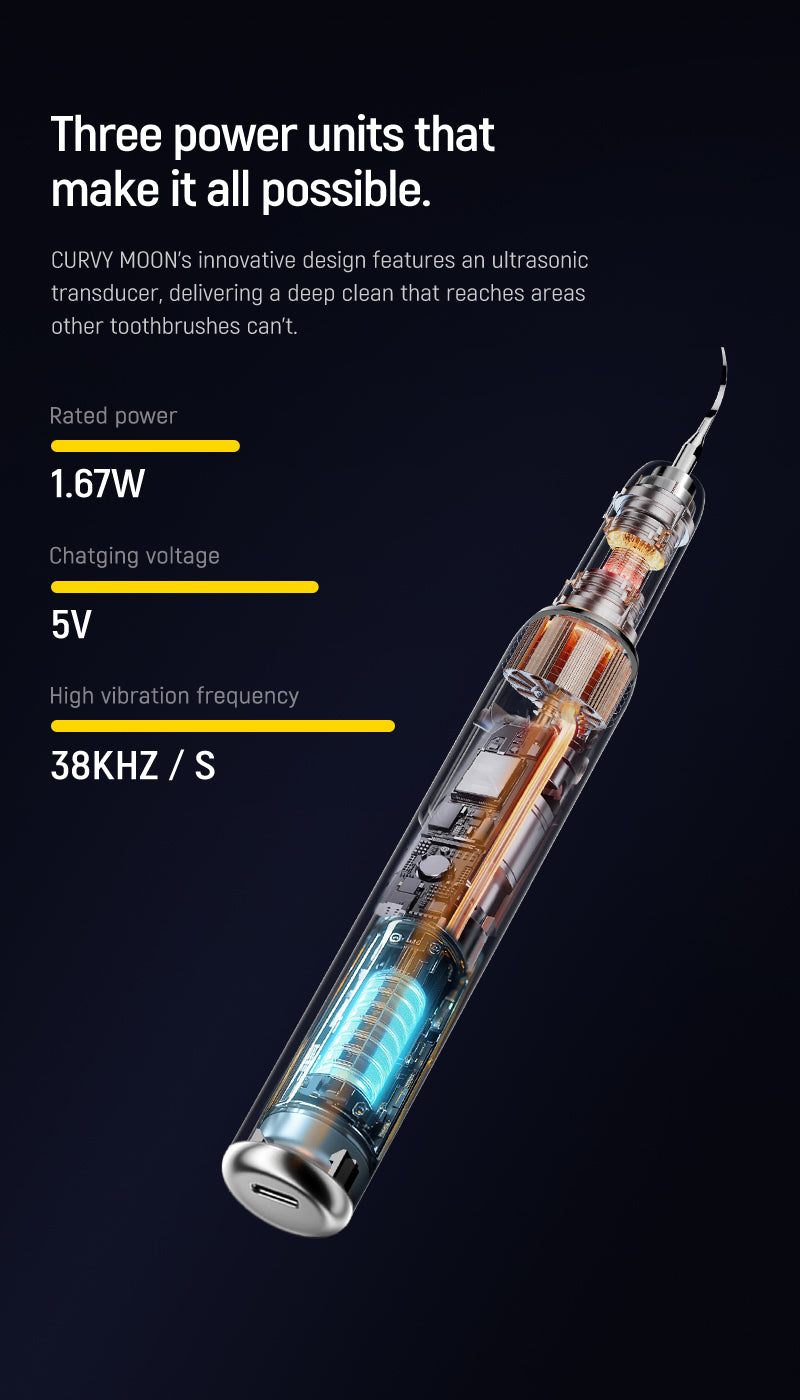 Designed for efficient cleaning, the CURVY MOON ultrasonic toothbrush delivers professional oral care with 1.67W power, 5V charging, and 38kHz high-frequency vibrations.