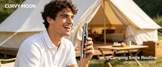 Smiling man holding a grey Curvy Moon handheld ultrasonic teeth cleaner outside a canvas tent at a campsite