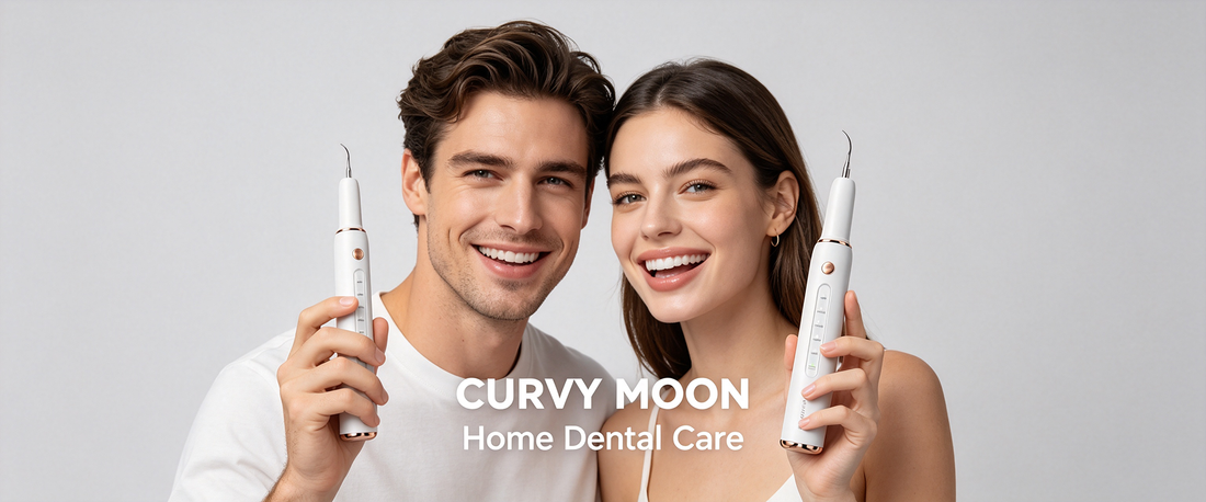 Smiling man and woman holding white Curvy Moon handheld dental cleaners beside Home Dental Care branding.