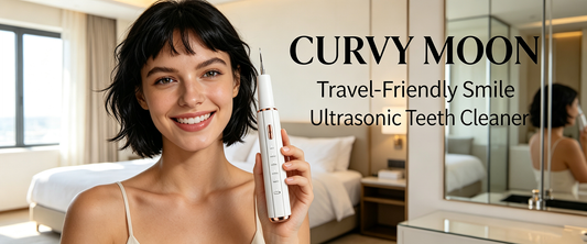 Woman holding a white handheld ultrasonic scaler beside a bed in a bright room