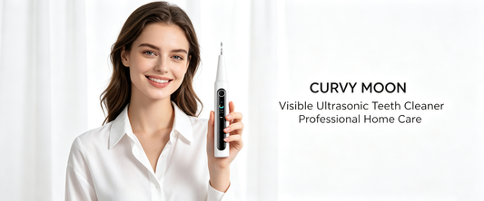 Smiling woman in a white blouse holding a Curvy Moon handheld tooth cleaner beside product branding.