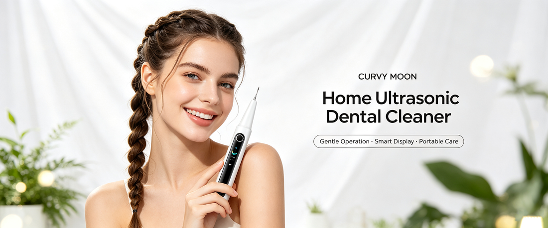 Woman holding a Curvymoon handheld ultrasonic dental cleaner in a bright indoor setting