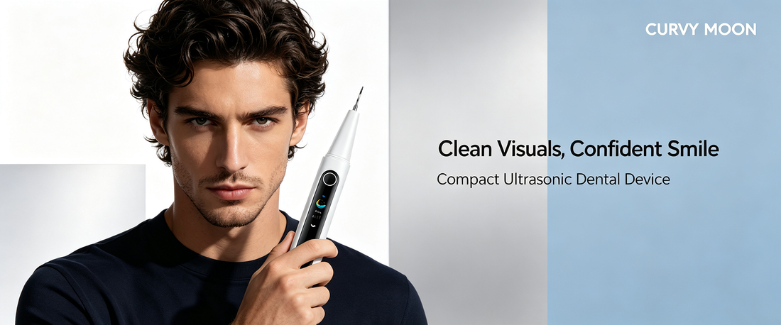 Man holding a handheld oral care device beside Curvy Moon branding and the words “Compact Ultrasonic Dental Device.”