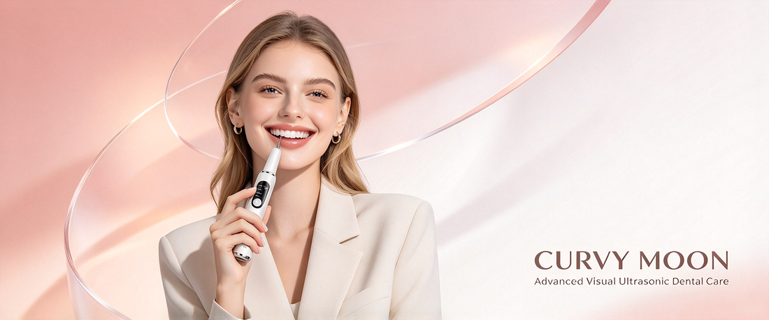 Smiling woman holding a white Curvy Moon handheld dental cleaner near her mouth against a pink background.