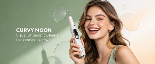 Smiling woman holding a white Curvy Moon tooth cleaner against a soft green background.