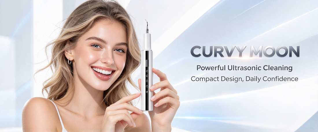 Smiling woman holding a silver Curvymoon handheld dental cleaning device beside the brand logo.