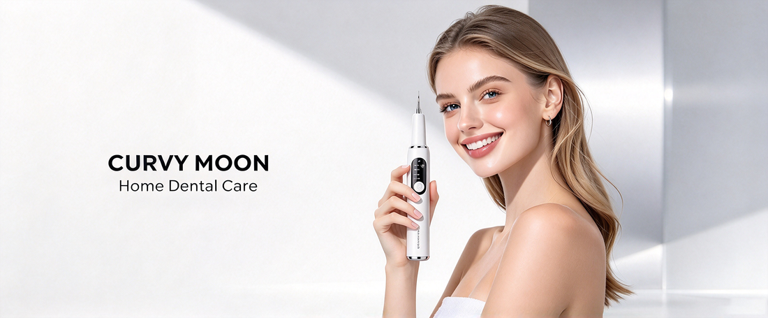 Woman holding a white Curvymoon handheld tooth cleaner beside Home Dental Care branding.