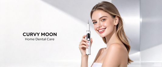 Woman holding a white Curvymoon handheld tooth cleaner beside Home Dental Care branding.