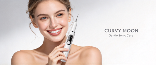 Smiling woman holding a white Curvy Moon handheld dental cleaner beside her face against a light background.