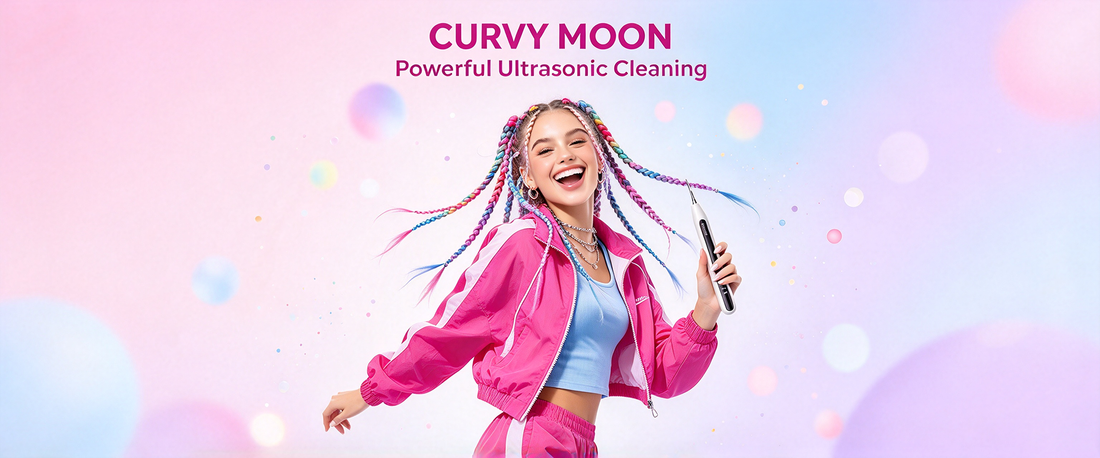 Smiling woman with colorful braids wearing a pink jacket and holding a Curvymoon handheld tooth cleaner.