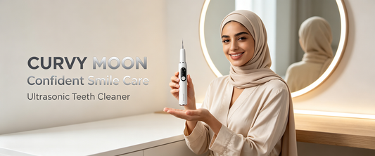 Woman smiling and holding a Curvymoon handheld ultrasonic dental scaler — home ultrasonic teeth cleaner for tartar removal