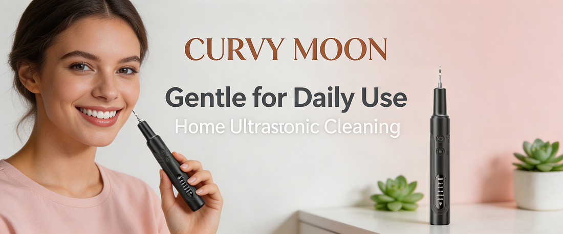 Curvymoon handheld ultrasonic dental cleaning device shown beside a smiling woman