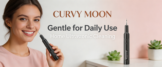 Curvymoon handheld ultrasonic dental cleaning device shown beside a smiling woman